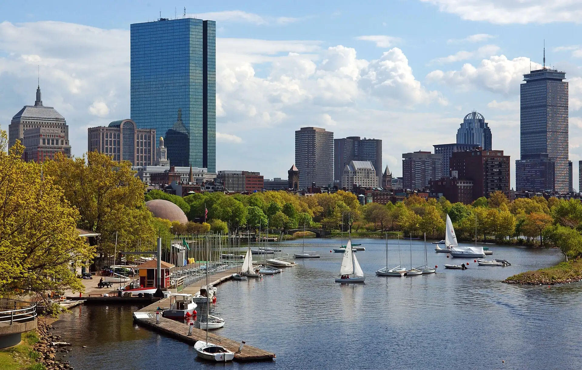 Boston Back Bay skyline and sailboats on the Charles River